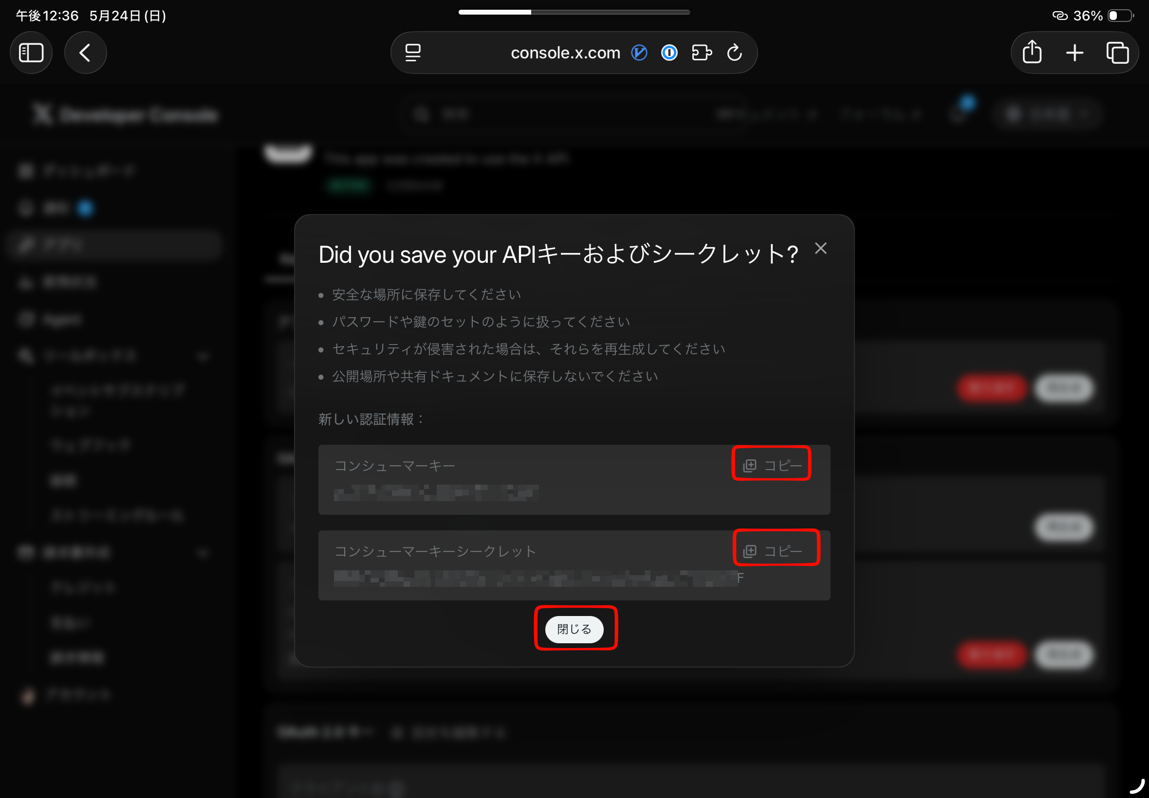 API Key と API Key Secret の表示