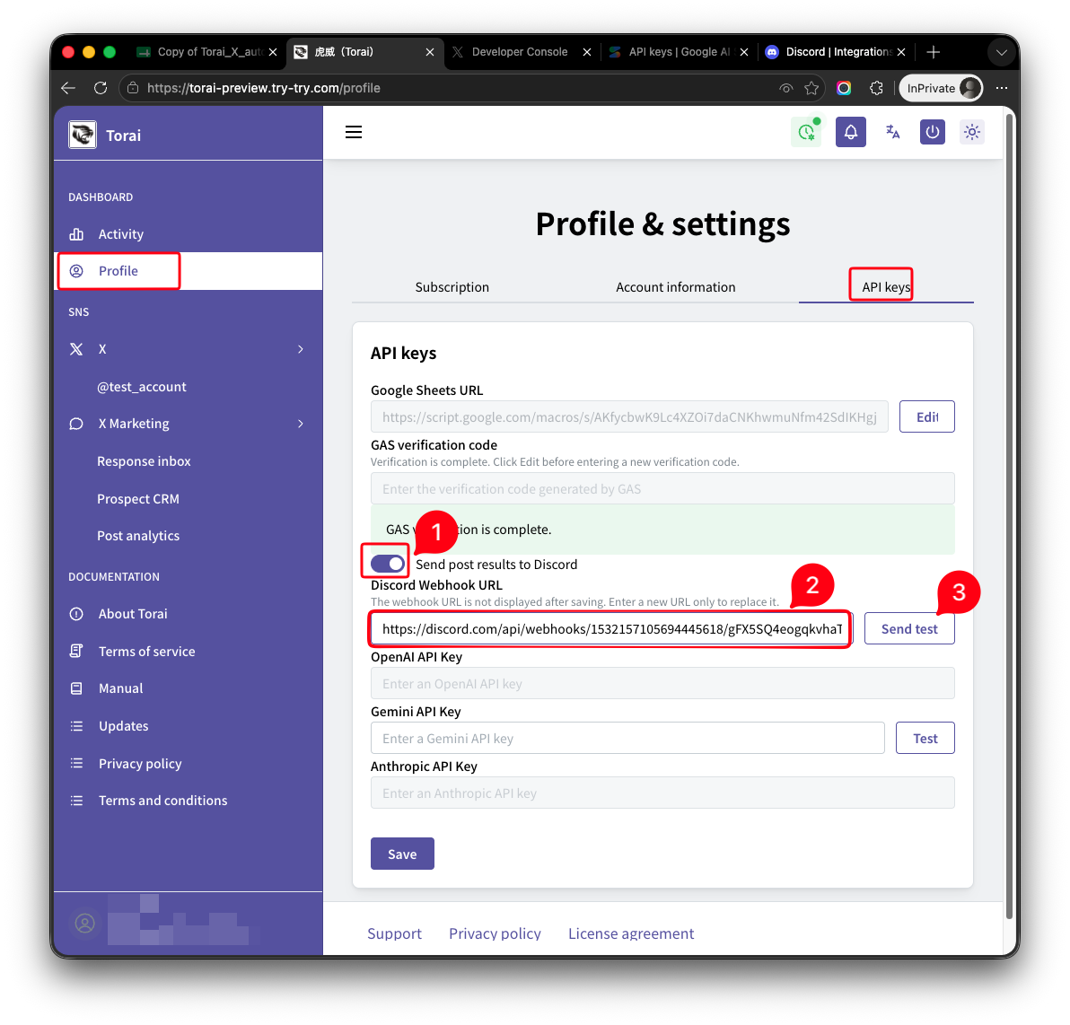 Configure Discord notifications on Torai's API Keys page
