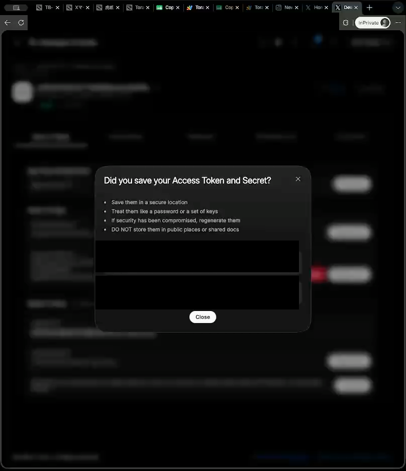 Access Token and Access Token Secret dialog with credential values redacted