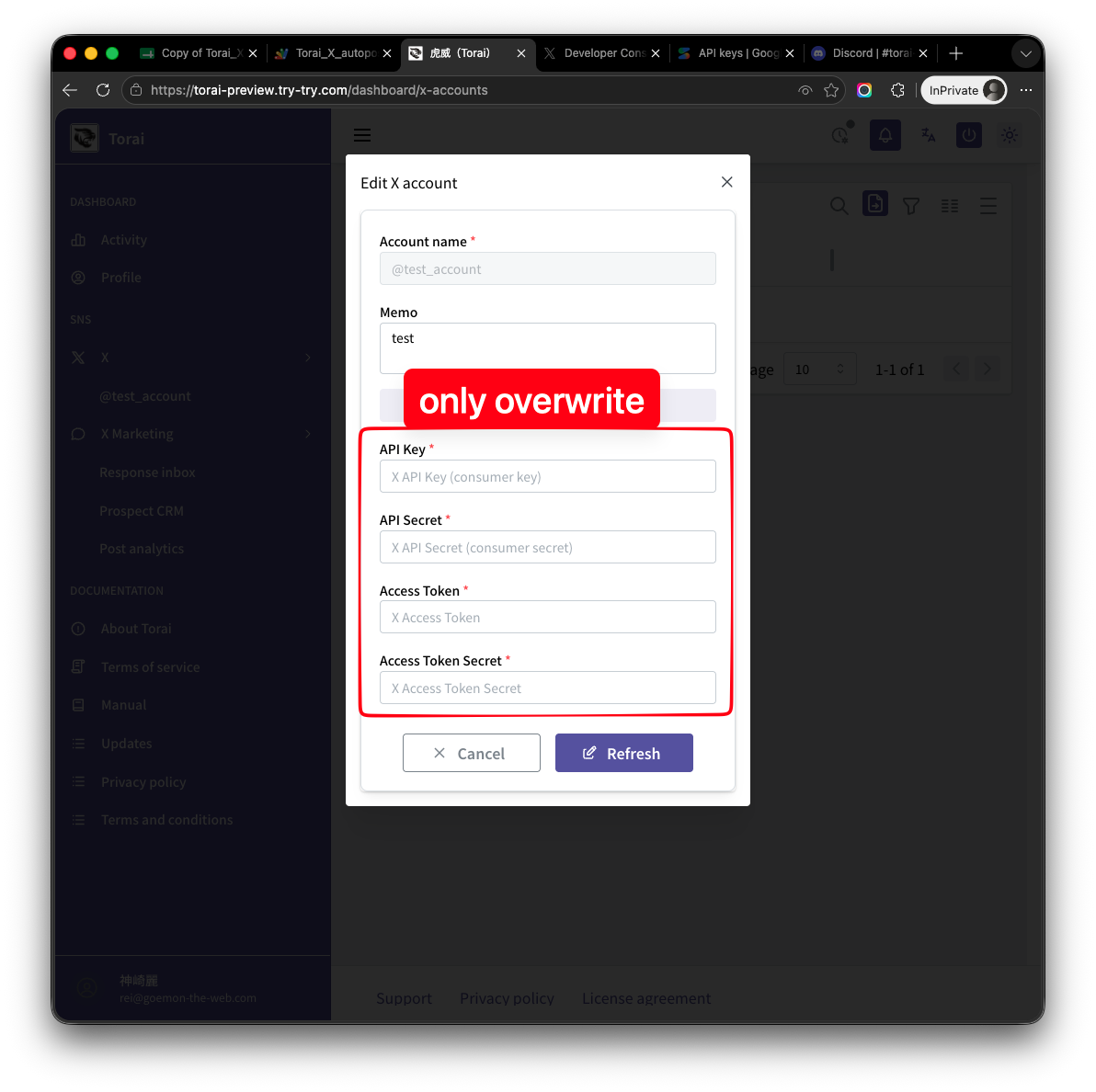 Overwrite four X API credentials