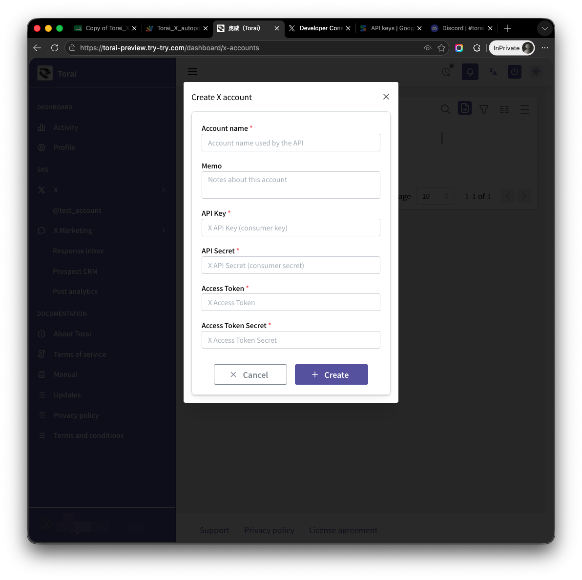 Enter the four X API credentials with all sensitive values redacted