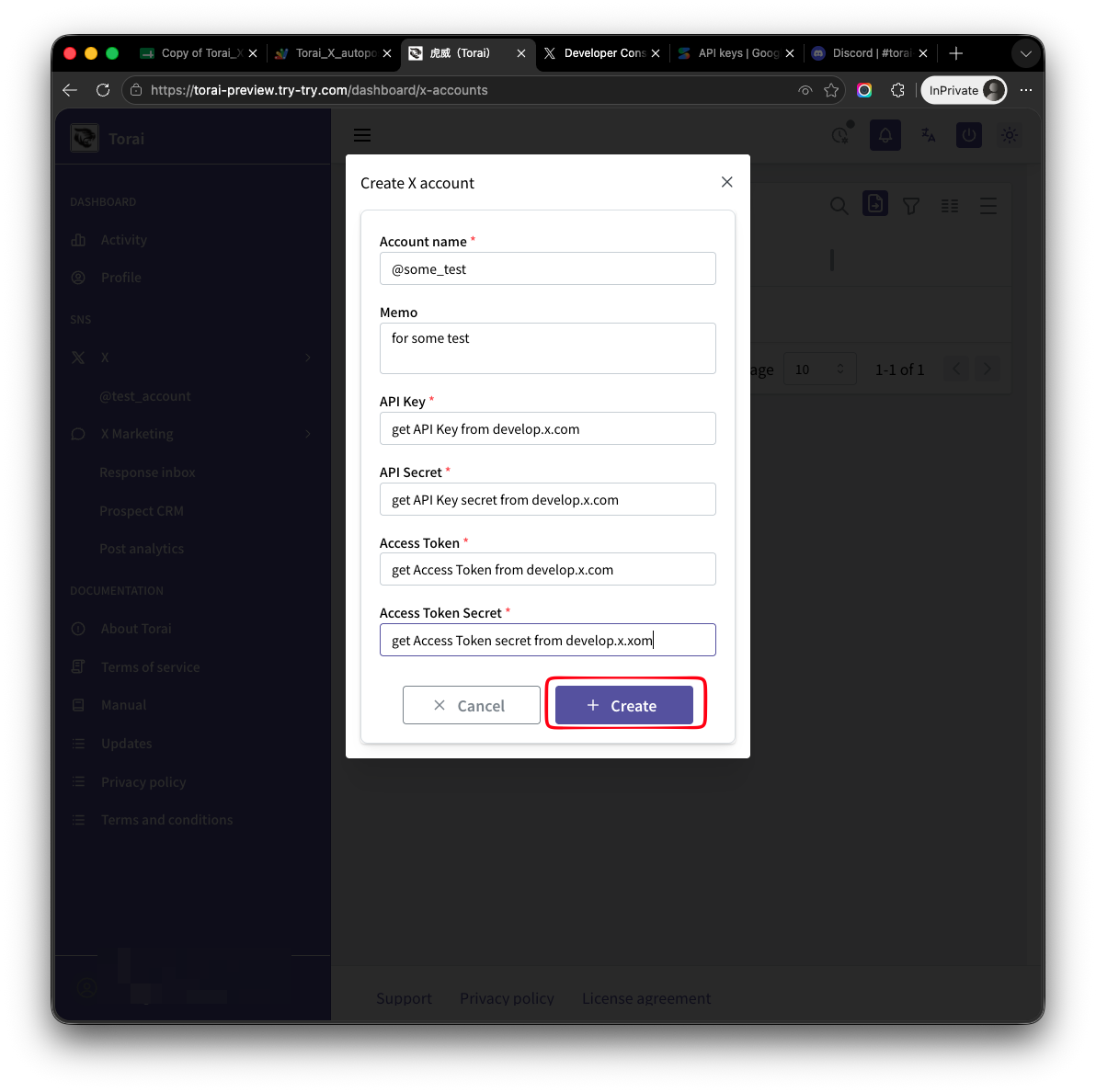Save the X API credentials with all sensitive values redacted