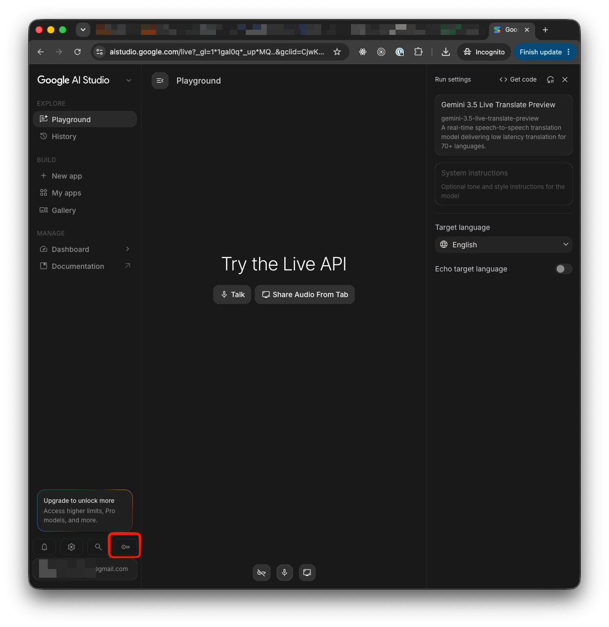 Google AI Studio key button