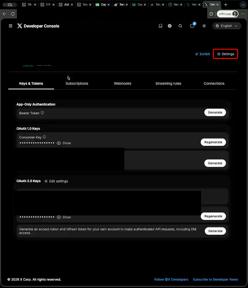 Keys and Tokens page with the User authentication settings section
