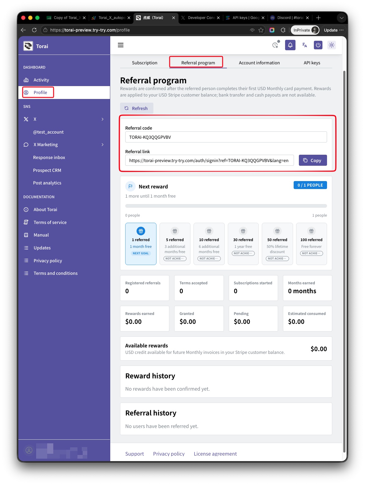 Referral Program page under Profile
