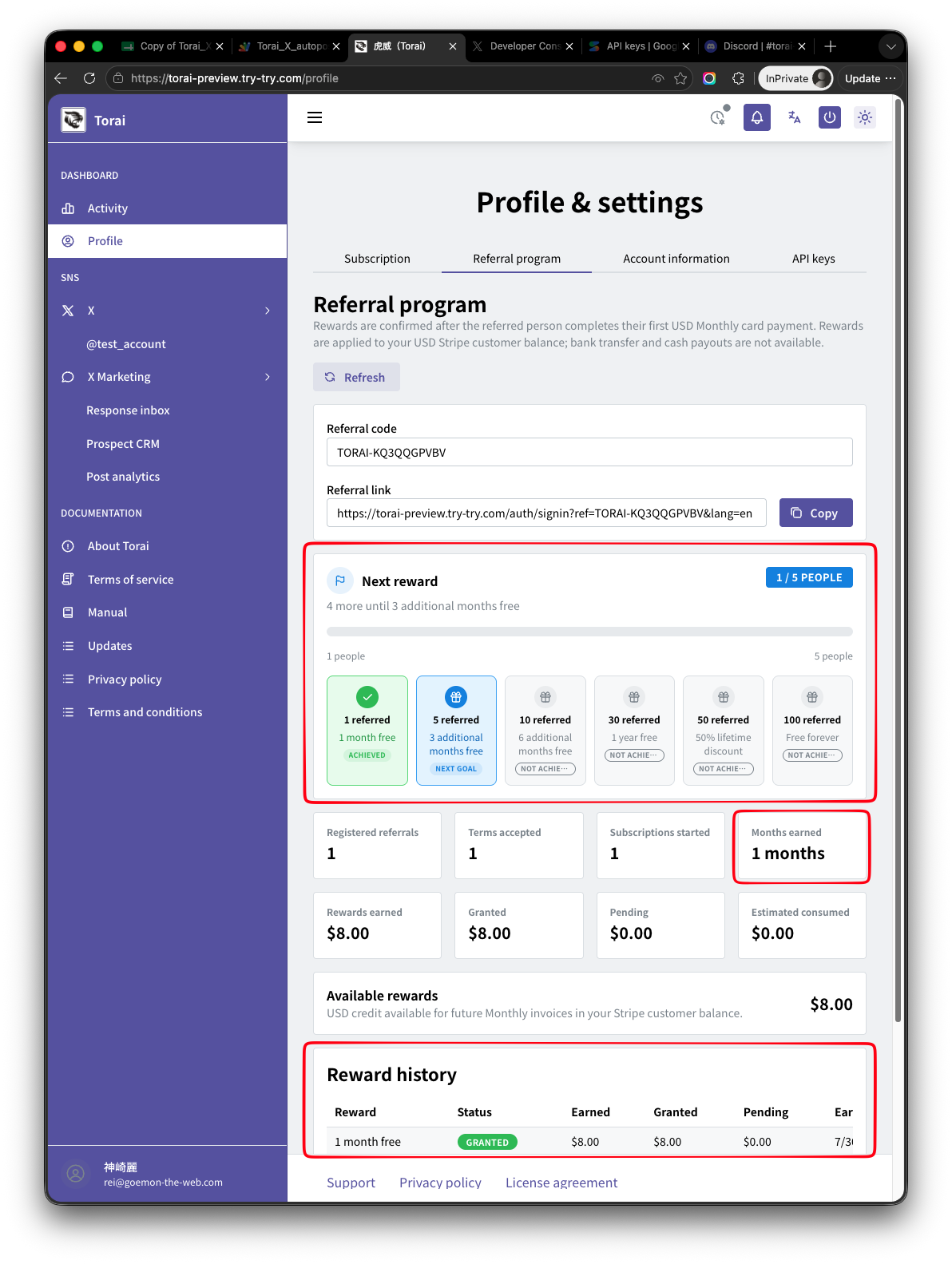 Referral Program page under Profile