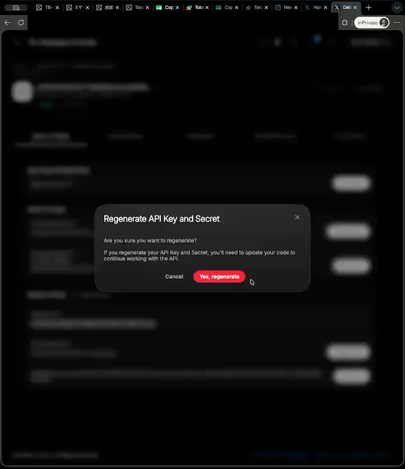 Confirmation dialog for regenerating the API Key and API Key Secret