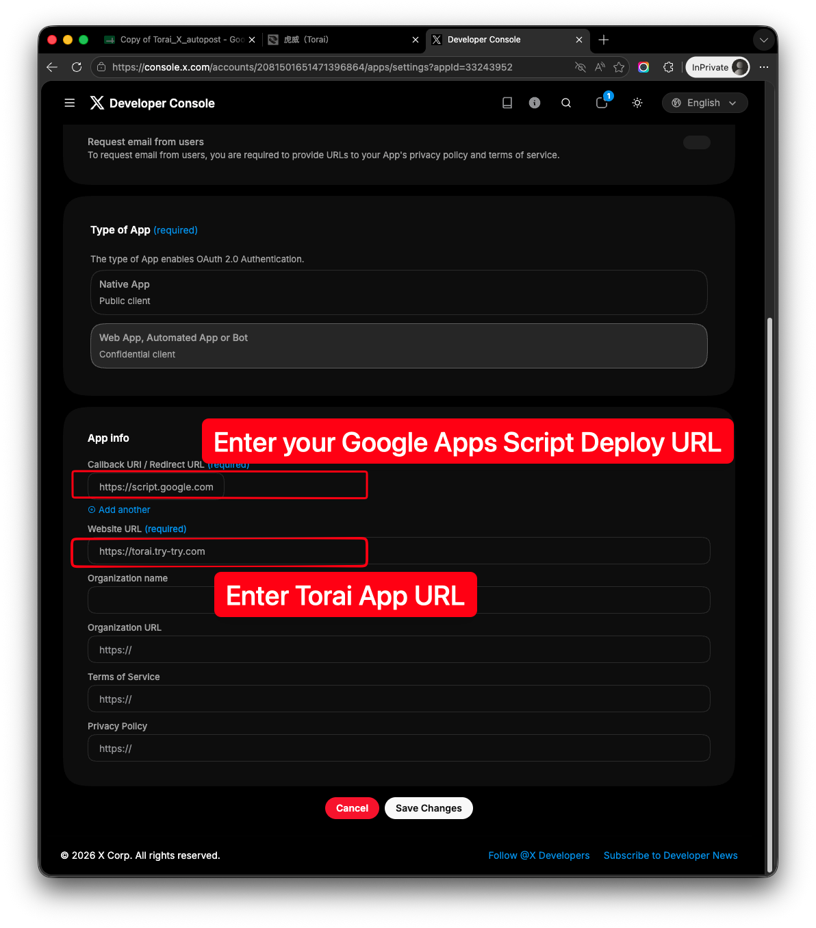 User Authentication Settings with app type and app URLs