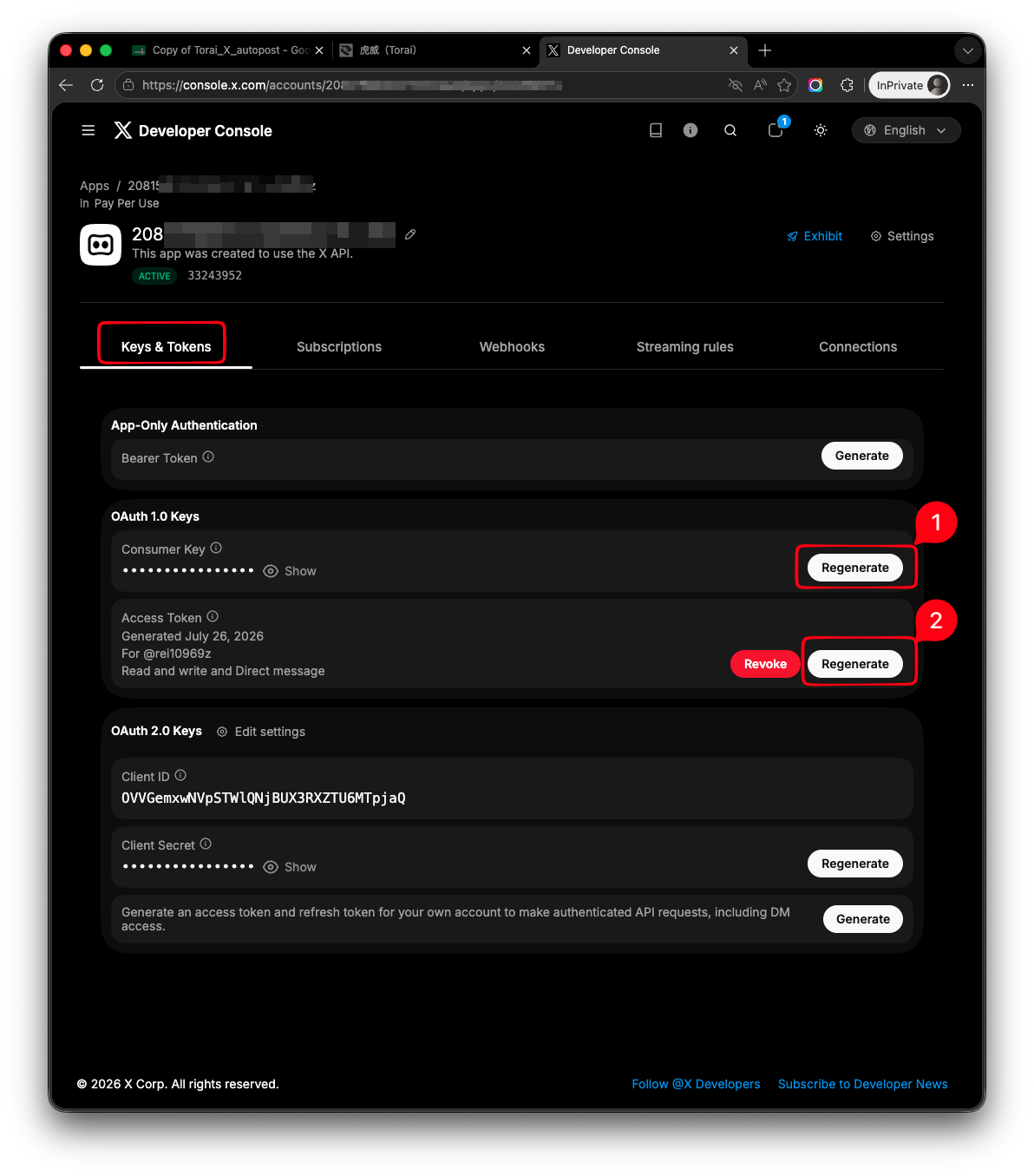 Keys and Tokens page